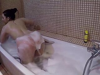 Masturbation and cumshot with foam and bubbles